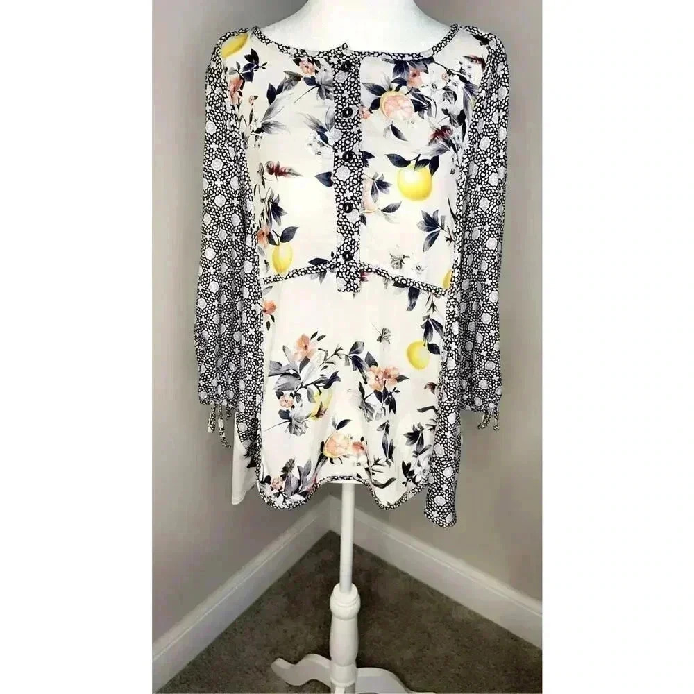 OneWorld Women's Floral Print Long Sleeve Blouse Multicolor Size L Petites‎